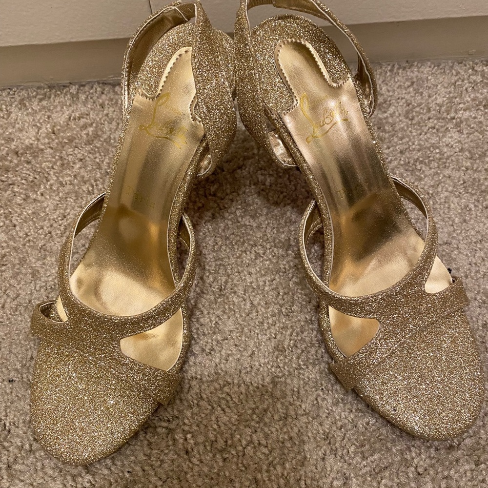 Gold Glitter Open-Toe Heels with Ankle Strap